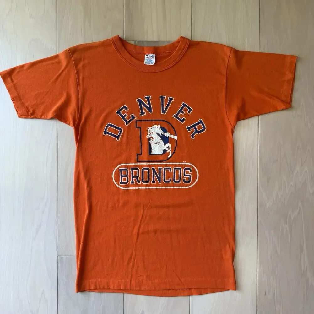 Vintage Denver Broncos Shirt Medium Orange 80s Champion Made in USA NFL Elway - Picture 2 of 7